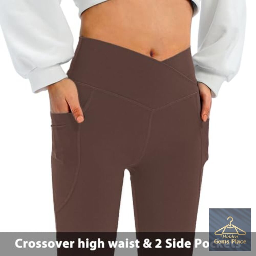 High Waisted Flare Leggings with Pockets Tummy Control Yoga Pants - Picture 3 of 6